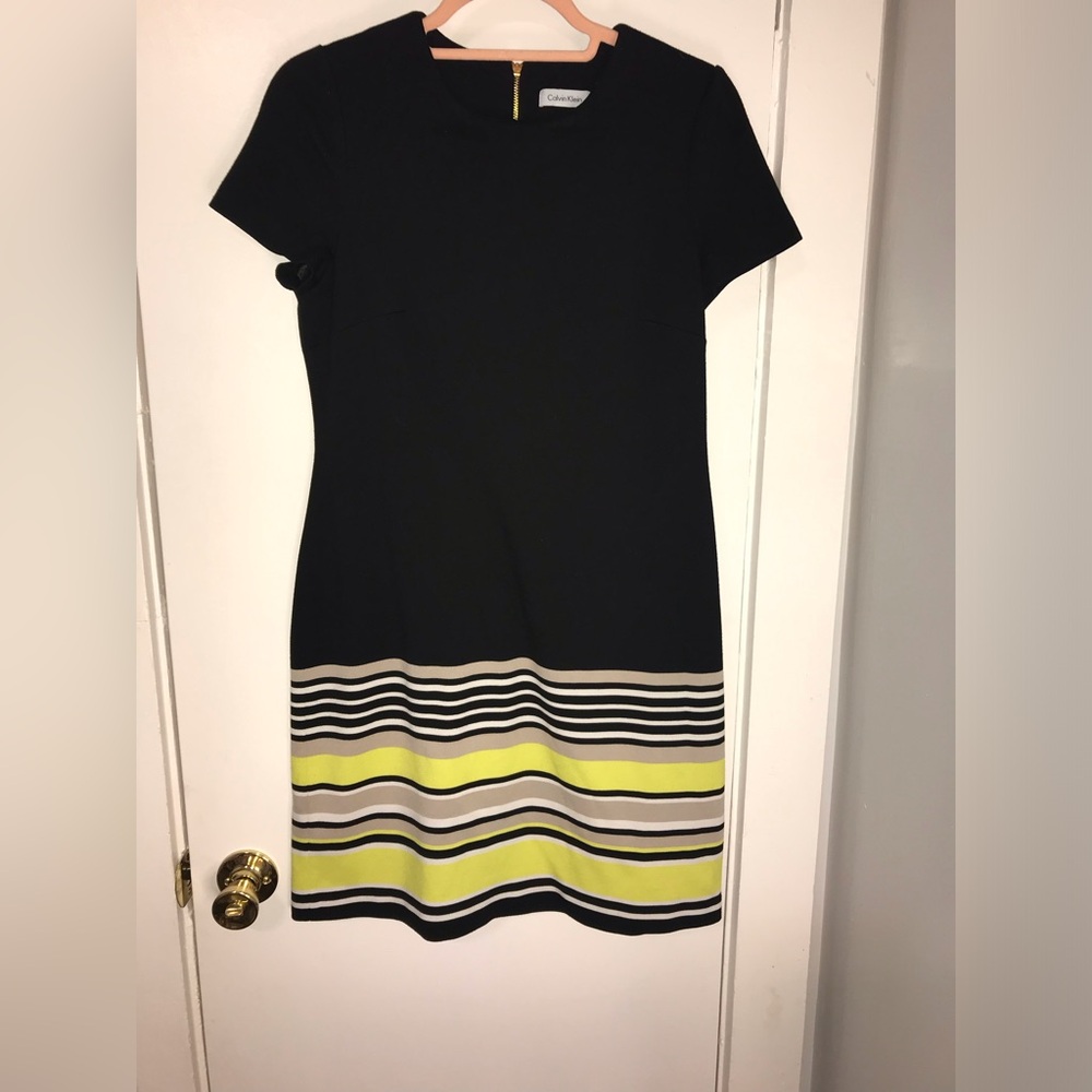 Calvin Klein Black Dress with Yellow and Gray Stripes